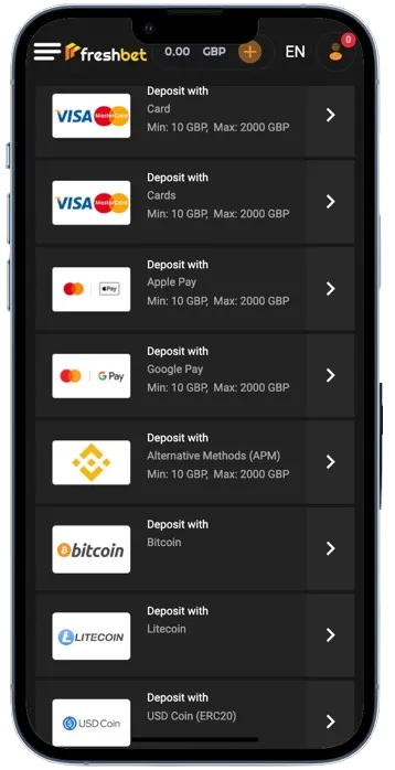 FreshBet Official deposit page for UK players