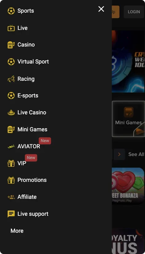 Freshbet website Menu