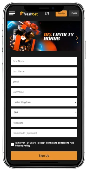 FreshBet registration form for UK account creation